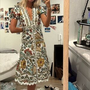 FARM Rio Off White Botanicals Belted Midi Dress